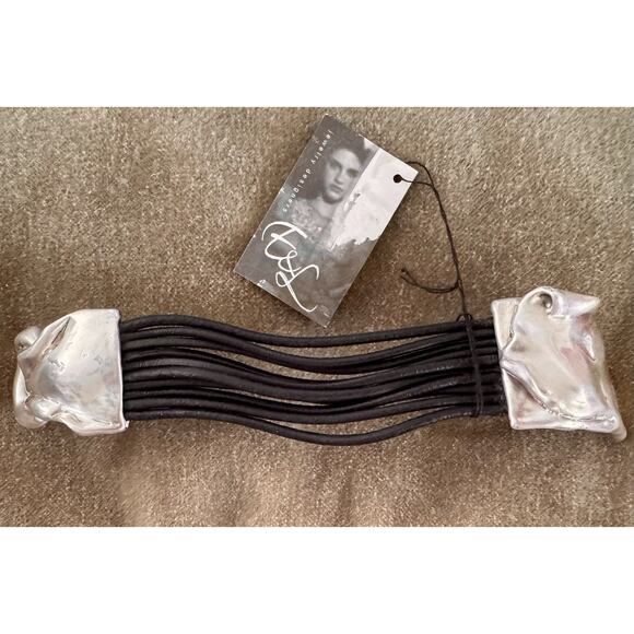 Handmade Electroformed Sterling Cuff Bracelet With Black Leather By E&L / Isreal - Picture 3 of 7